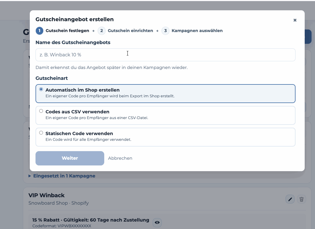 CSV-Gutscheinangebot anlegen, Mindestgültigkeit auswählen und die Vorschau mit übernommenen und aussortierten Codes prüfen