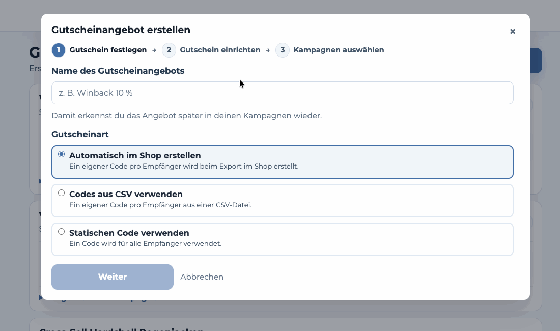 Ein Shopify-Gutscheinangebot mit 10 Prozent Rabatt, dynamischer Gültigkeit und eigenem Präfix erstellen