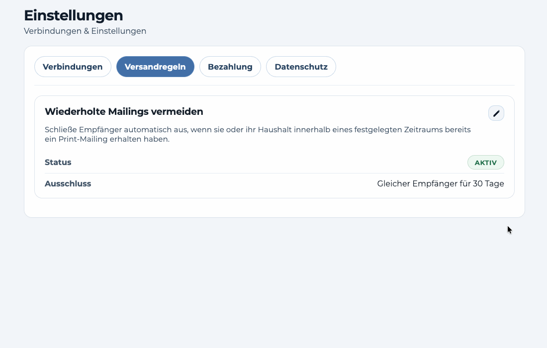 Versandregel für wiederholte Mailings in Printstack deaktivieren und speichern