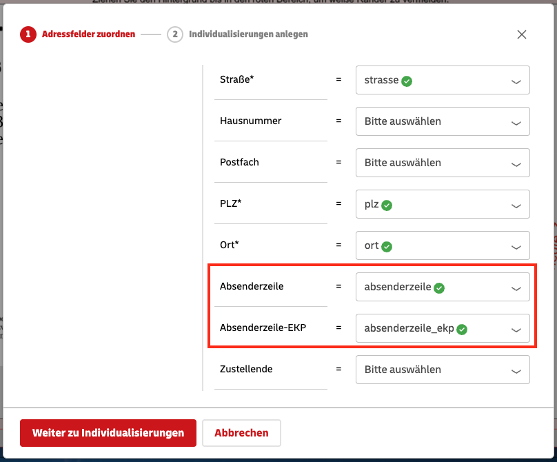 Adressfelder im Post-Editor: Absenderzeile ist absenderzeile zugeordnet und Absenderzeile-EKP ist absenderzeile_ekp zugeordnet.