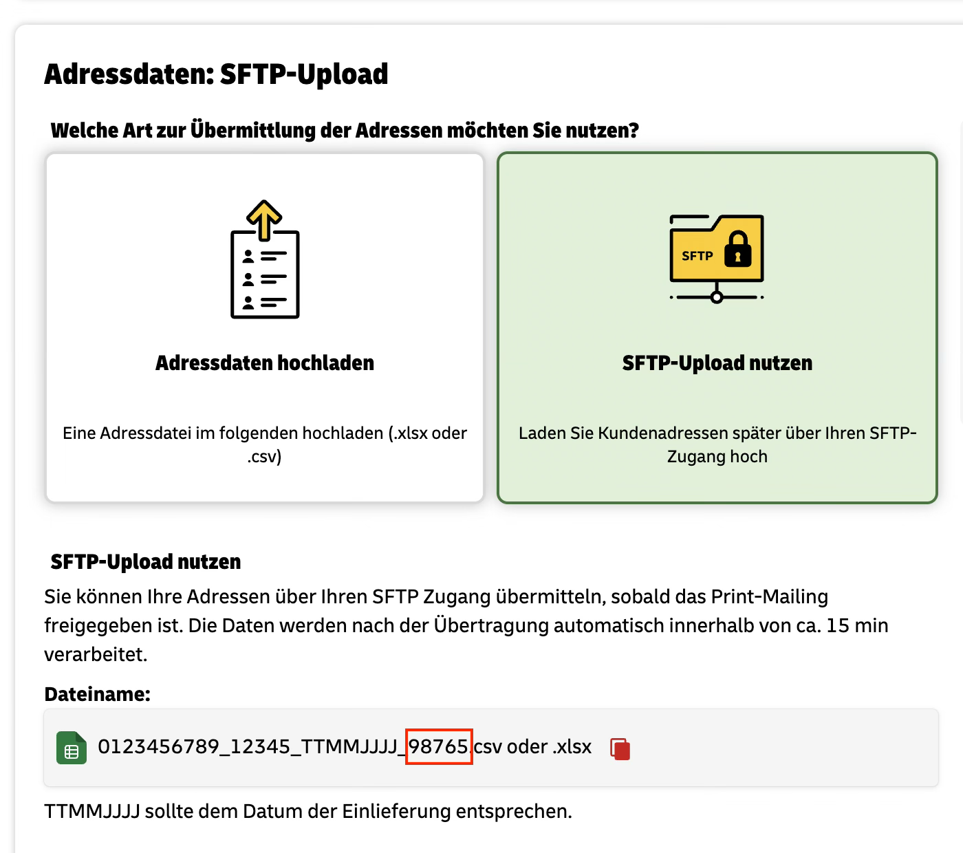 SFTP-Dateiname mit markierter Post-Kampagnen-ID im System der Deutschen Post