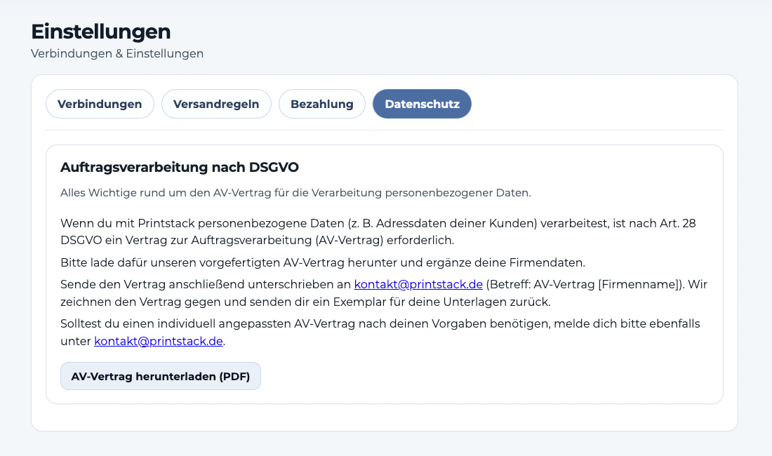 Datenschutz-Einstellungen in Printstack mit der Schaltfläche zum Herunterladen des AV-Vertrags