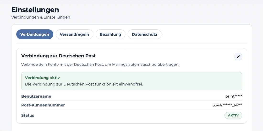Aktive SFTP-Verbindung zur Deutschen Post in den Printstack-Einstellungen