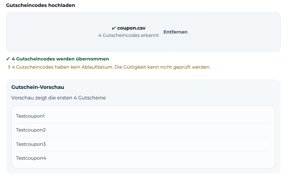 Vier Codes ohne Ablaufdatum werden übernommen; Printstack weist auf die fehlende Gültigkeitsprüfung hin