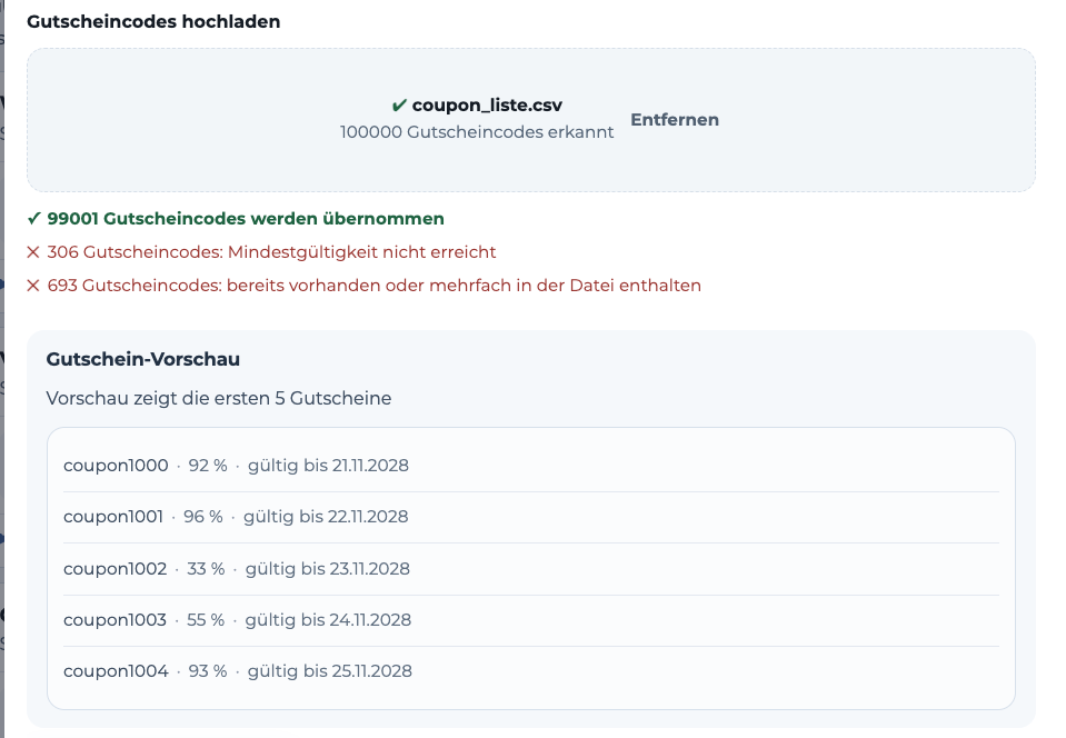 Von 100.000 Codes werden 99.001 übernommen; 306 erreichen die Mindestgültigkeit nicht und 693 sind bereits vorhanden oder doppelt enthalten