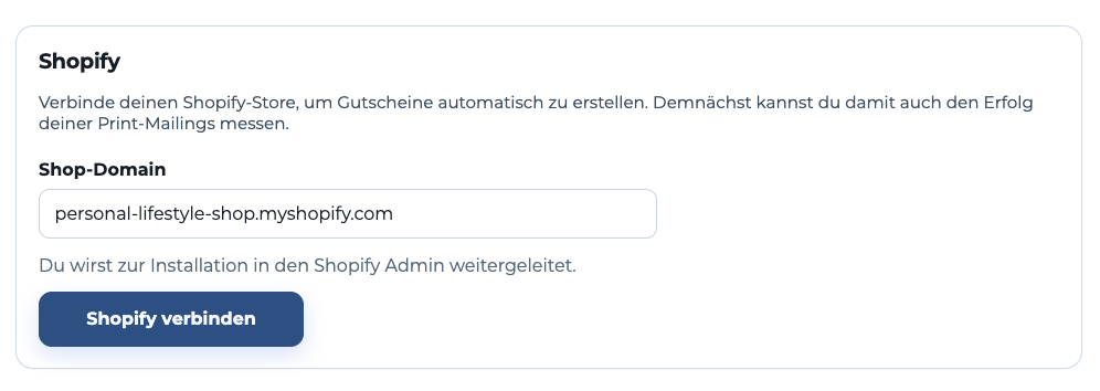 Die myshopify.com-Domain des Demo-Shops ist in Printstack eingetragen.