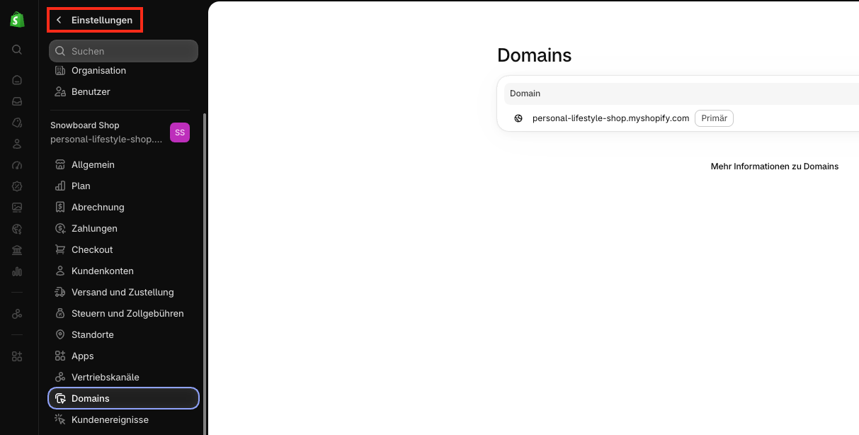 Shopify-Einstellungen: Unter Domains wird die myshopify.com-Domain des Demo-Shops angezeigt.
