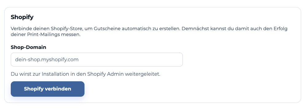 Shopify-Verbindung in Printstack mit noch leerem Feld für die Shop-Domain.