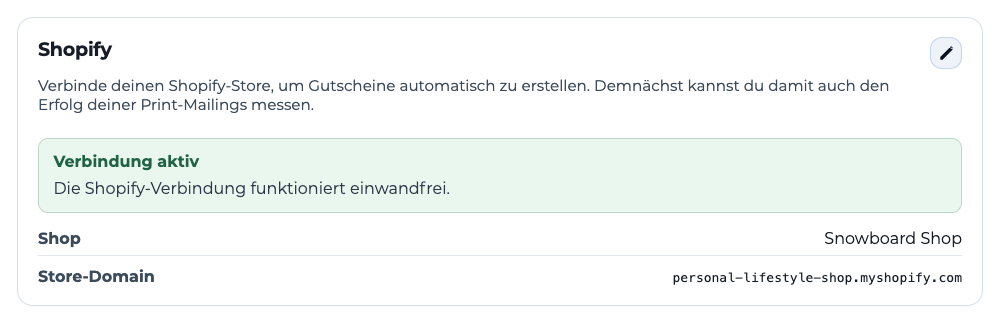 Printstack bestätigt mit Verbindung aktiv die erfolgreiche Verbindung zum Snowboard Shop.