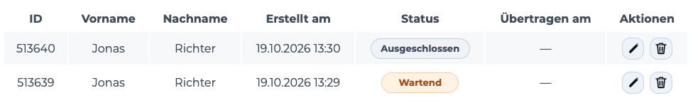 Zwei Beispielsendungen für denselben Empfänger: Die erste wartet auf den Versand, die zweite ist als Dublette ausgeschlossen.