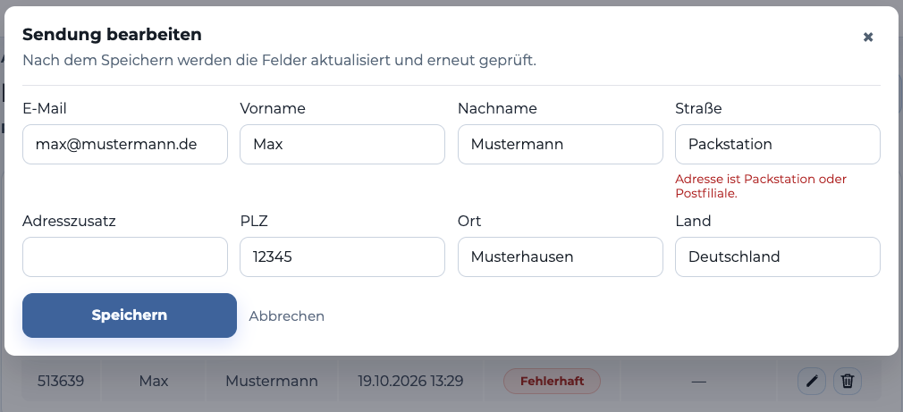 Sendungsdetails mit dem Fehlerhinweis Adresse ist Packstation oder Postfiliale unter dem Feld Straße.