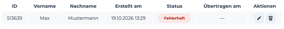 Sendungsübersicht in Printstack: Eine Beispielsendung wird mit dem roten Status Fehlerhaft zurückgehalten.